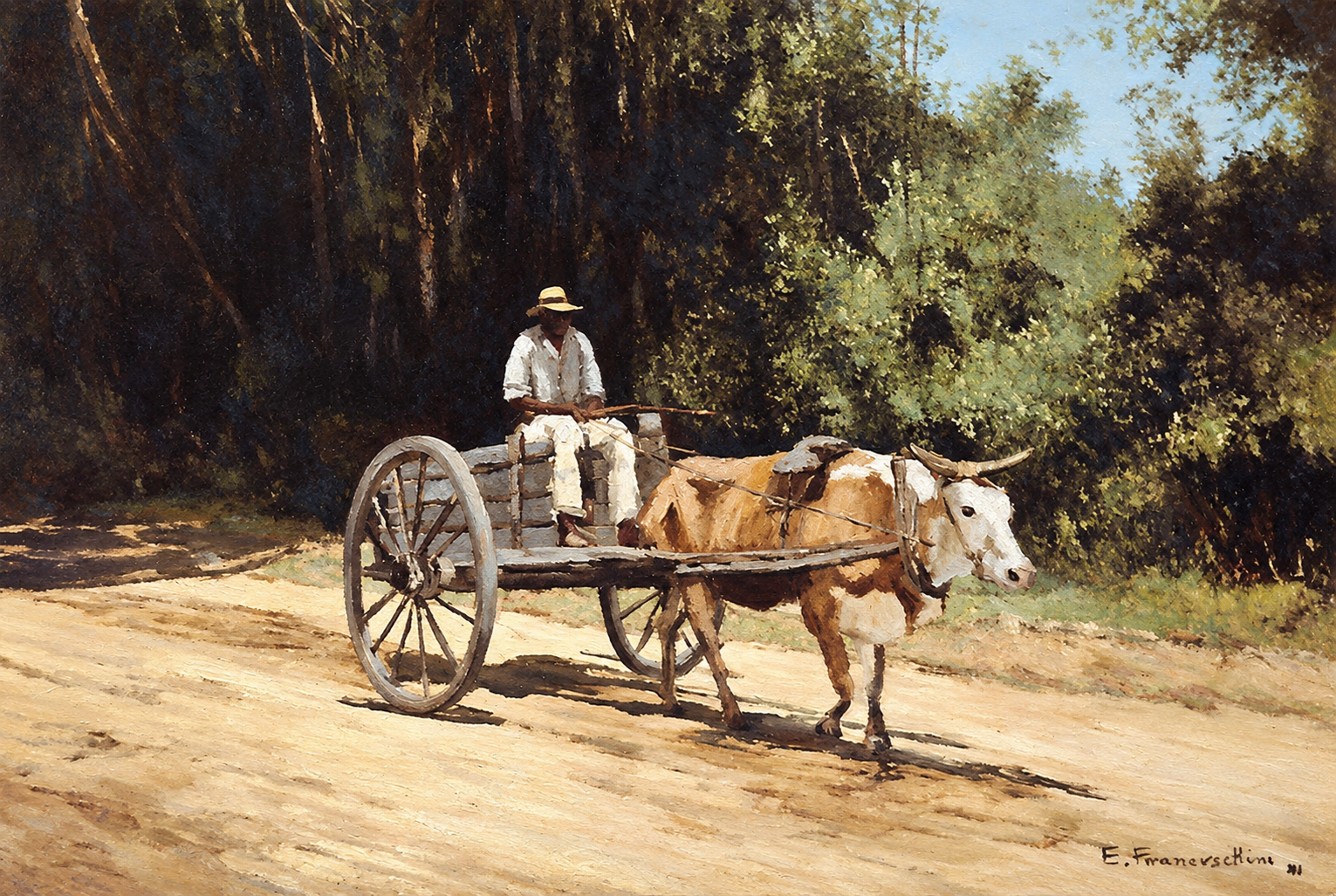 Carroça de boi — Carroça de boi em uma estrada de terra junto à vegetação.