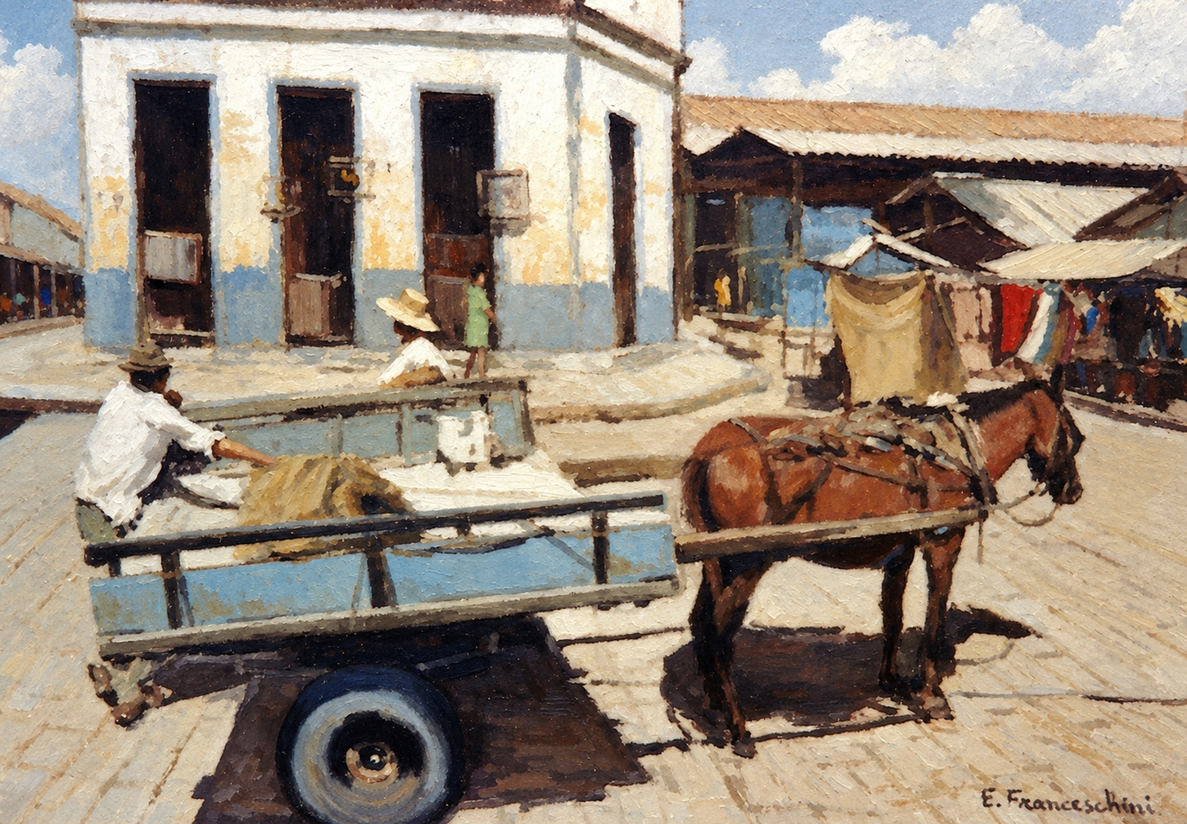 Carroceiro — Carroceiro e seu cavalo atravessam uma rua de casario antigo.