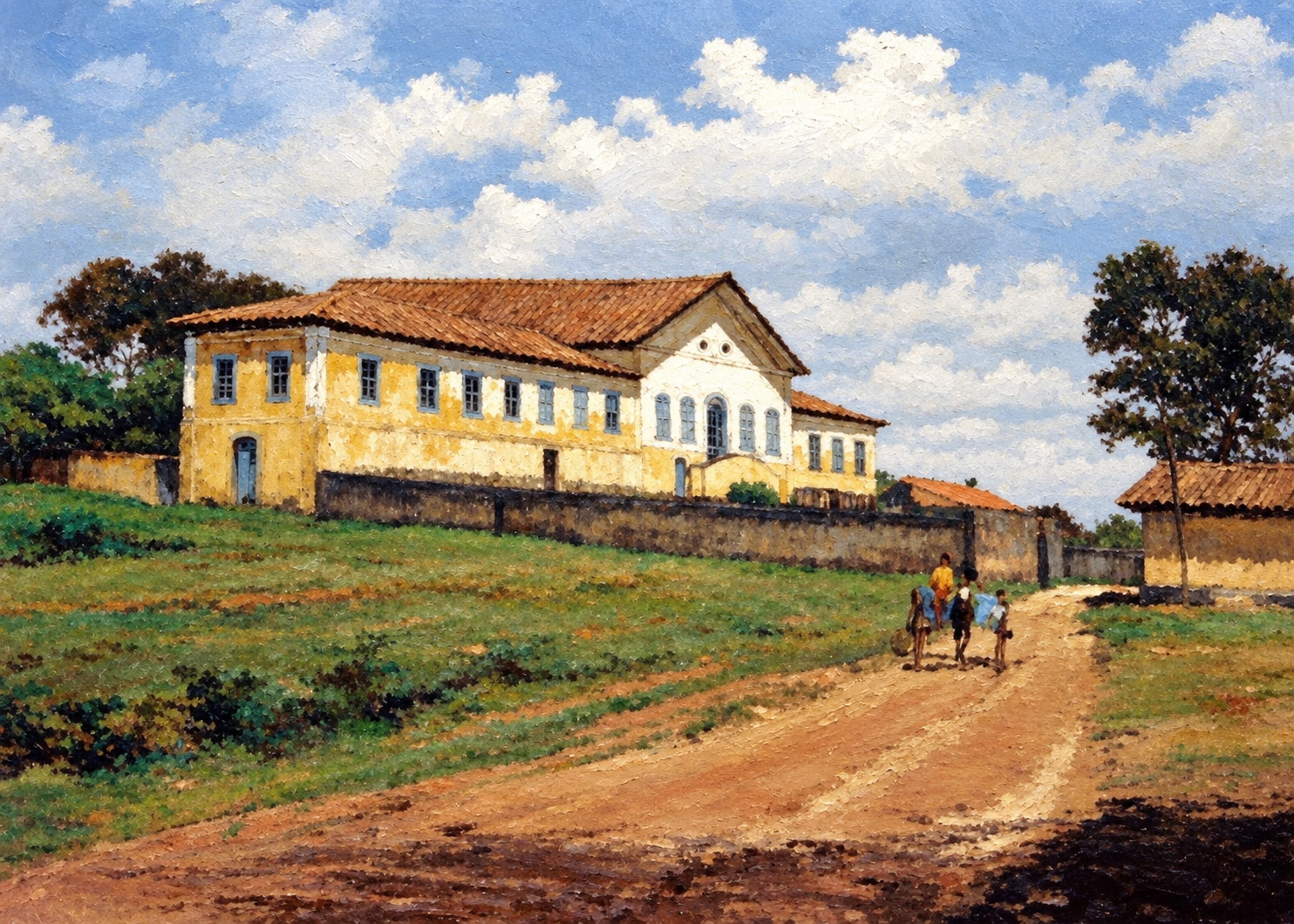 São Luís do Piratininga — Caminhantes seguem por uma estrada diante de um grande casarão.